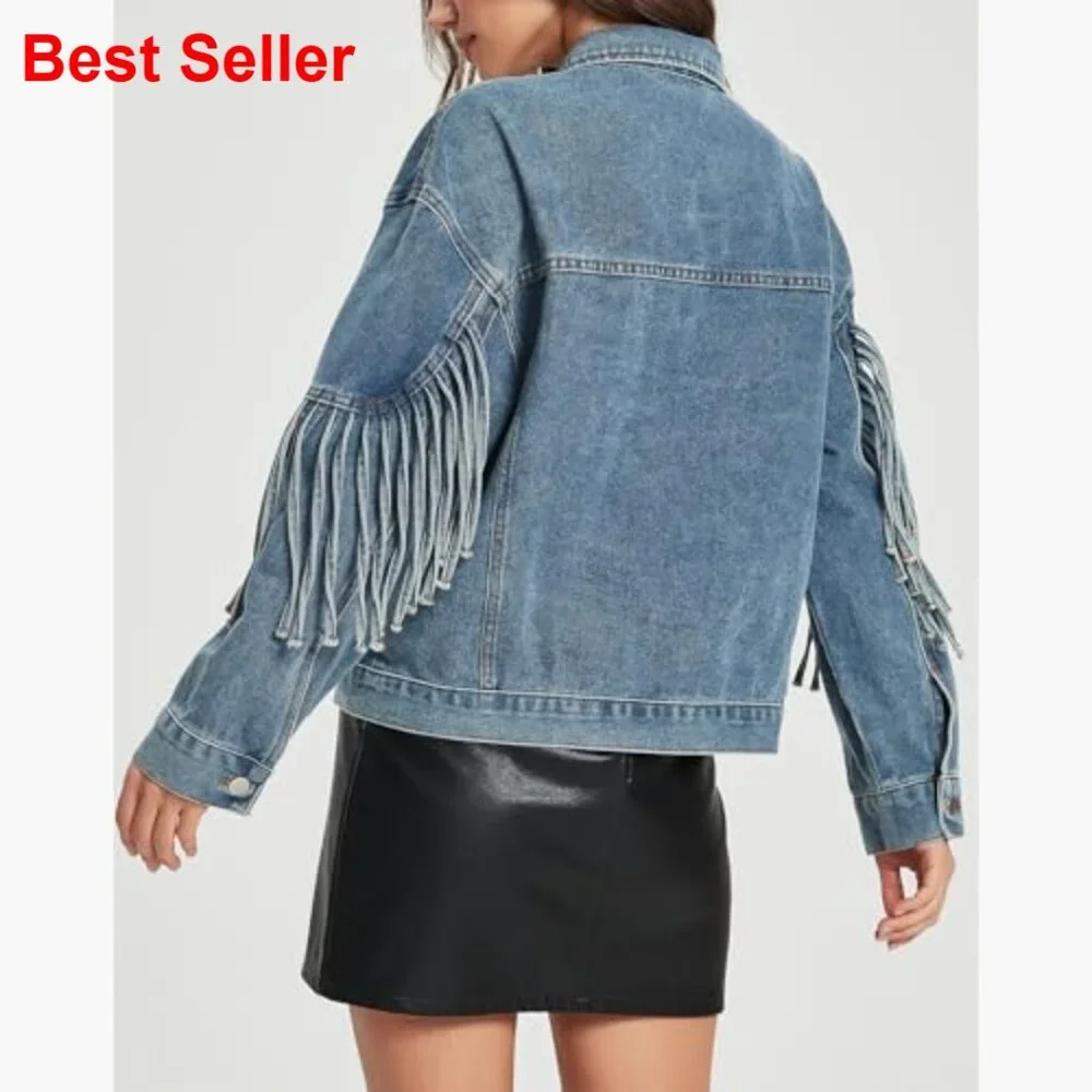 Oversized Denim Jacket with Fringe Tassel Long Sleeve Western Style - Picture 2 of 6